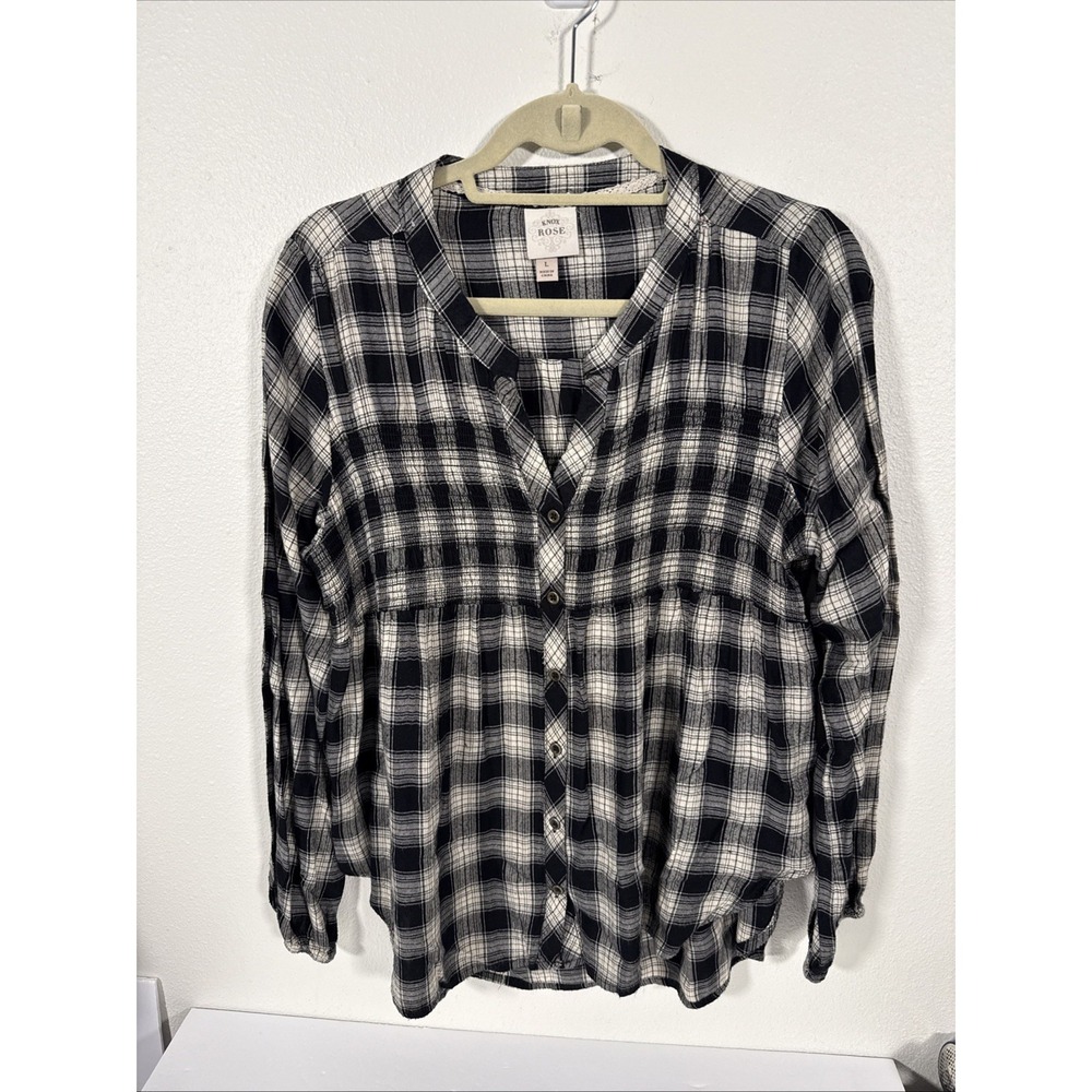 Knox Rose L/S Boho Button Up Smocked Top Women's Black Check N1
